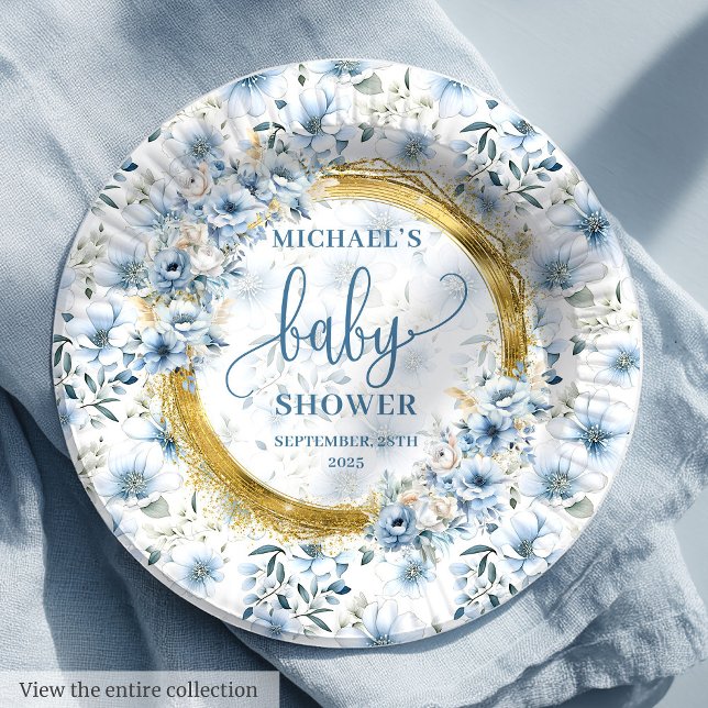 Prato De Papel Precioso pastel azul aquarela flores dourado (Precious pastel blue watercolor flowers gold boy Paper Plates )