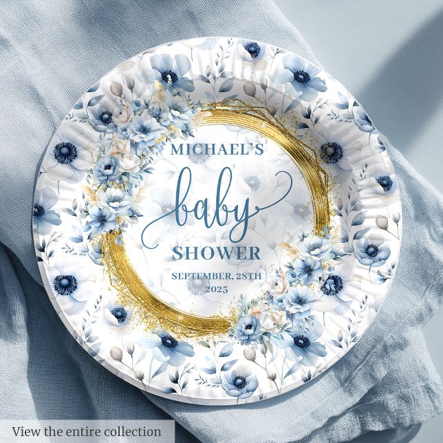Prato De Papel Precioso poeirento azul aquarela flores chá ouro (Precious dusty blue watercolor flowers gold shower Paper Plates)