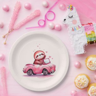 Prato De Papel Preguiça Fofa Dirigindo um Conversível Rosa