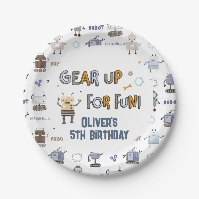 Prato De Papel Prepare-se para divertir-se, robôs crianças feliz  (Frente)