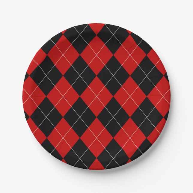Prato De Papel Preppy Argyle Tartan Diamond Xadrez Red Black (Frente)