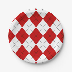 Prato De Papel Preppy Argyle Tartan Diamond Xadrez Vermelho Branc