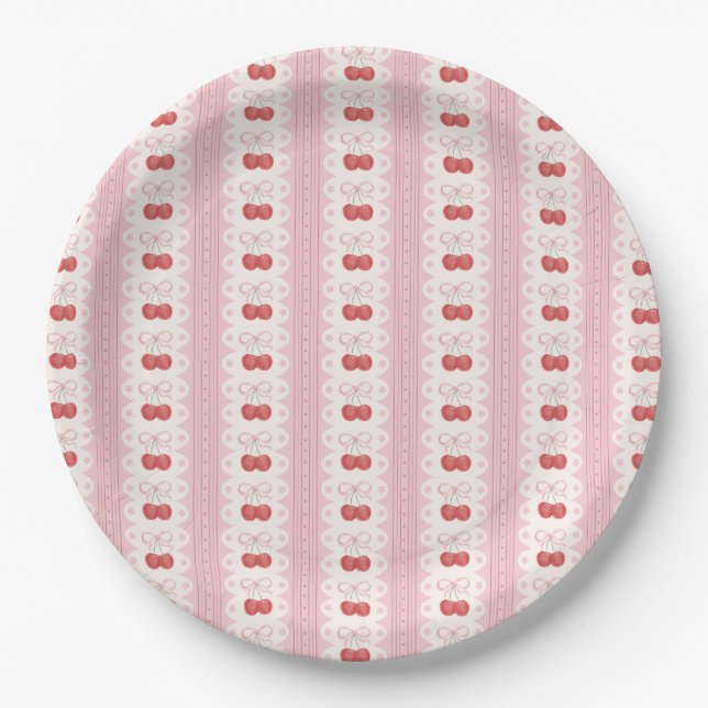 Prato De Papel Preppy Cherry Stripes - Pink and Off White (Frente)