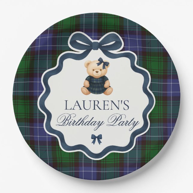 Prato De Papel Preppy Coquette Bow Bear Plaid Birthday  (Frente)