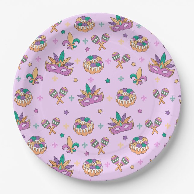 Prato De Papel Preppy Mardi Gras King Cake Party Plates (Frente)