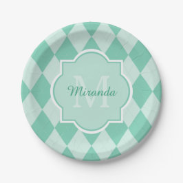 Prato De Papel Preppy Mint Green Argyle Girly Monograma e Nome