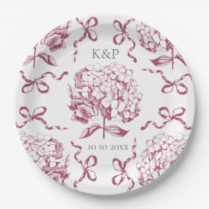 Prato De Papel Preppy Pink Toile Hydrangea Arco com Nome