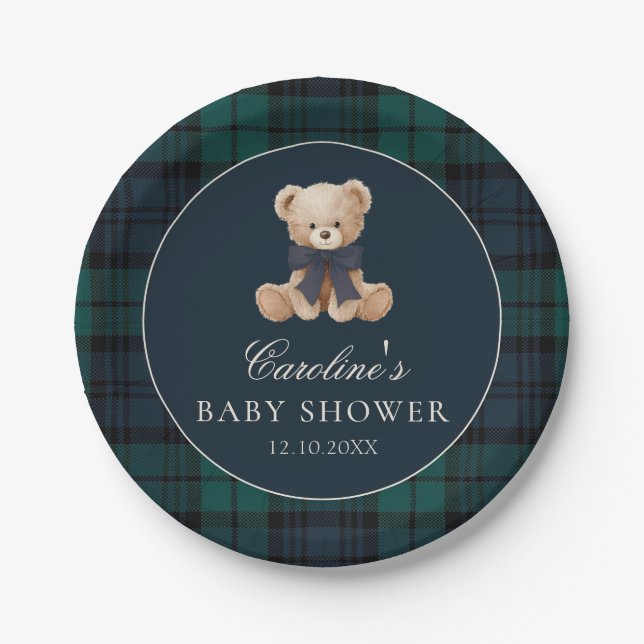 Prato De Papel Preppy Teddy Bear Baby Shower Paper Plates (Frente)