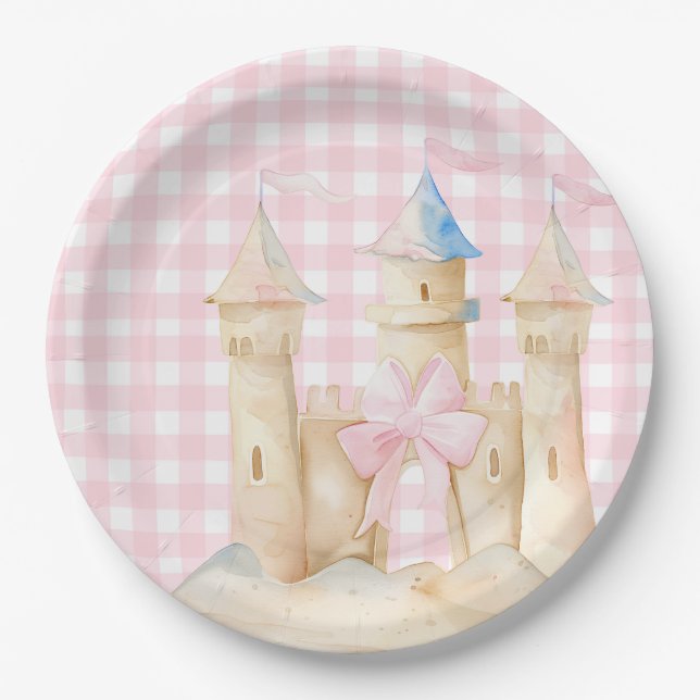 Prato De Papel Preppy Watercolor Beach Sand Castle Party (Frente)