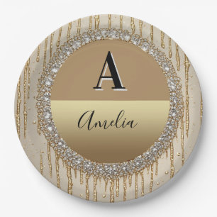 Prato De Papel Presente Personalizado de Ouro com Monograma para