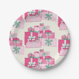 Prato De Papel Presentes de Natal empilhados, rosa e verde