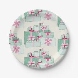 Prato De Papel Presentes de Natal Empilhados Verde e Rosa