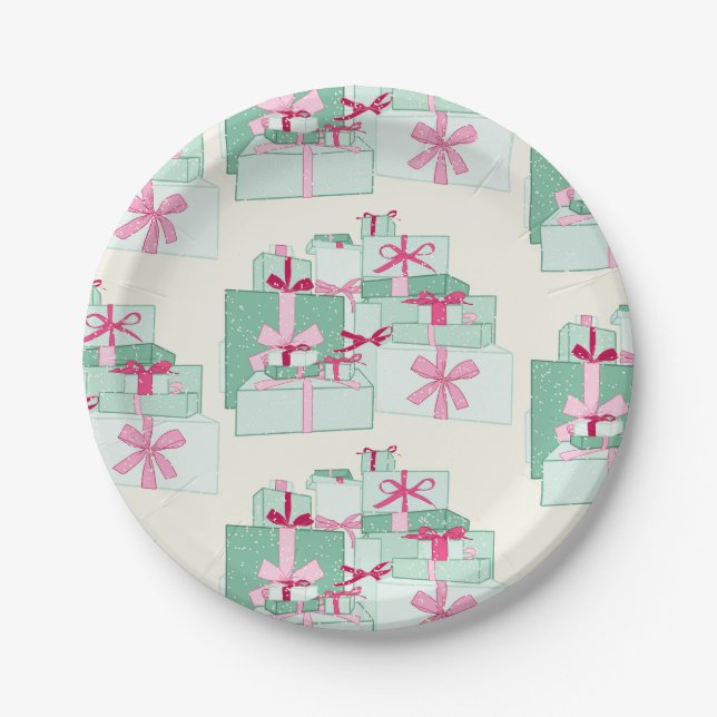 Prato De Papel Presentes de Natal Empilhados Verde e Rosa (Frente)