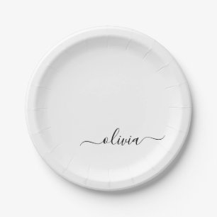 Prato De Papel Preto Branco Script Monograma Nome Moderno