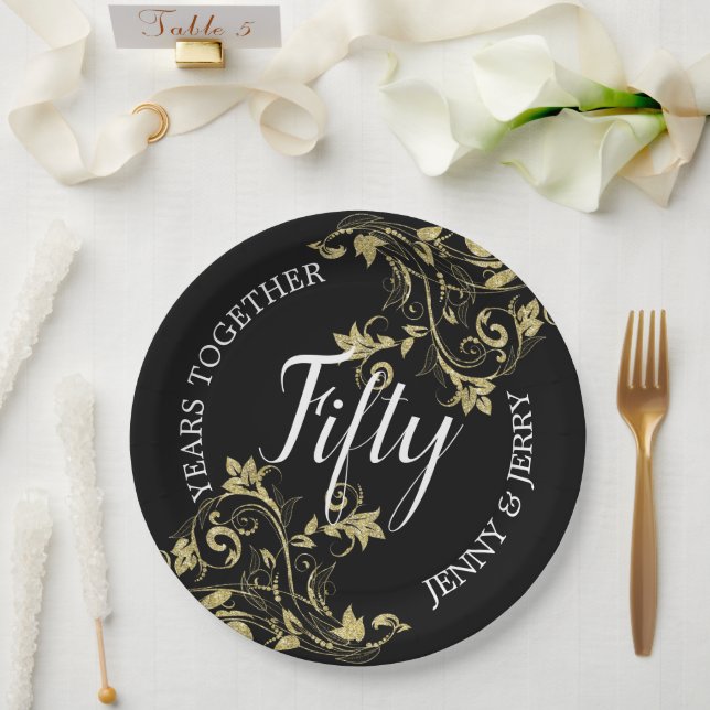 Prato de papel preto de aniversário com flores dou (Casamento)