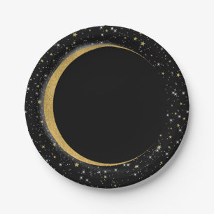 Prato De Papel Preto & Dourado Estrelas Lua Celestial Magia Lunar