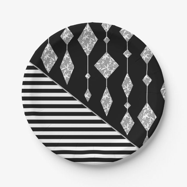 Prato De Papel Preto e branco, abstrato, geométrico, simples, Dig (Frente)