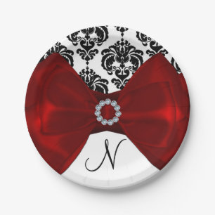 Prato De Papel Preto e Branco Damask Laço Vermelho Glam Festa Swe