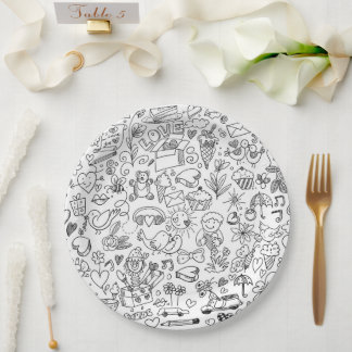 Prato De Papel Preto e Branco Doodle Fofo