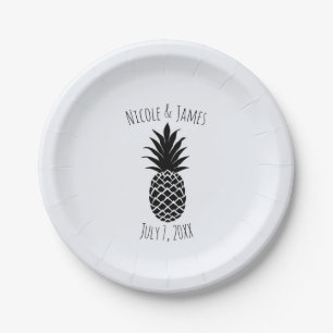Prato De Papel Preto e Branco Tropical Abacaxi Elegante Chique