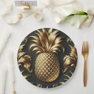 Prato De Papel Preto e Dourado Tropical Abacaxi Luxuoso Casamento