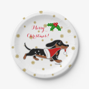 Prato De Papel Preto e placa Running do Natal do Dachshund de Tan