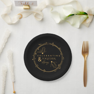 Prato De Papel Preto Elegante e Dourado "Celebrando Sempre Juntos