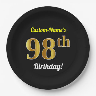 Prato De Papel Preto, Faux Dourado 98º aniversário + Nome Perso