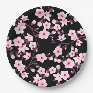 Prato De Papel Preto floral do rosa das flores de cerejeira