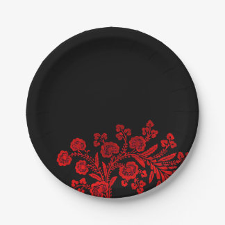 Prato De Papel Preto Floral Elegante e Vermelho