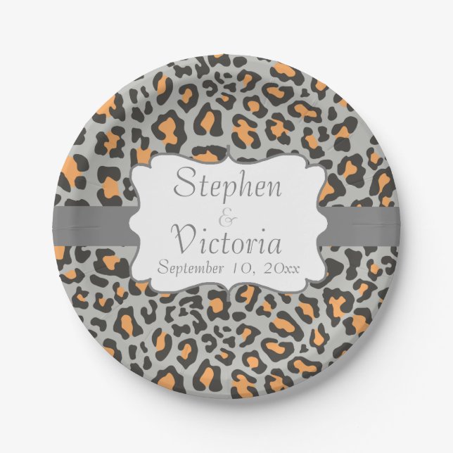 Prato De Papel Preto-Leopardo Personalizado, Cinzas, Placas De Pa (Frente)