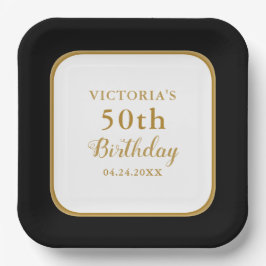 Prato De Papel Preto Personalizado Branco Dourado 50º Aniversário