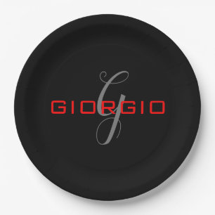 Prato De Papel Preto Vermelho Seu Nome Monograma Inicial Moderno