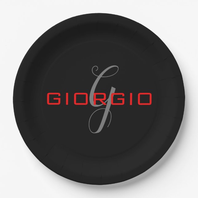 Prato De Papel Preto Vermelho Seu Nome Monograma Inicial Moderno (Frente)