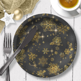 Prato De Papel Prettiest Snowflakes Padrão Dourado/Black ID846