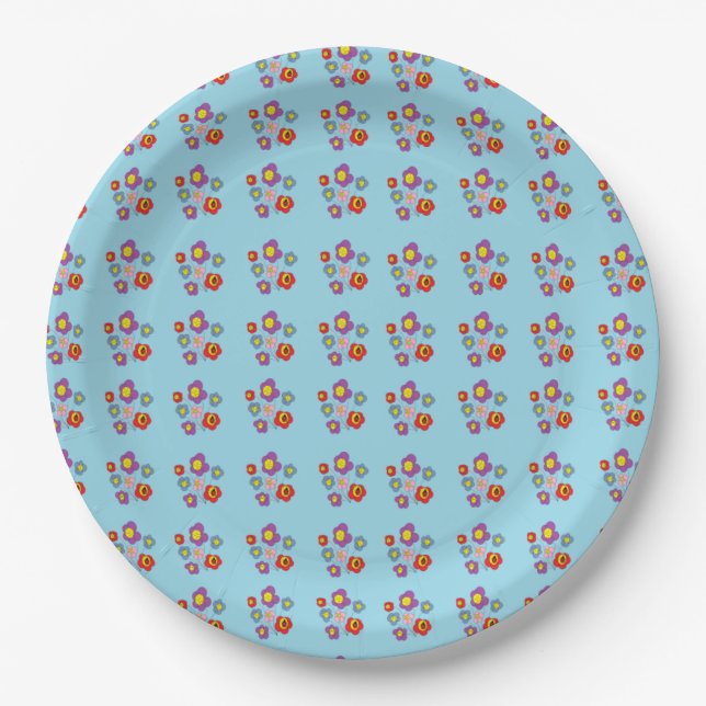 Prato De Papel Pretty Ladybug and Flowers Light Blue Pattern (Frente)