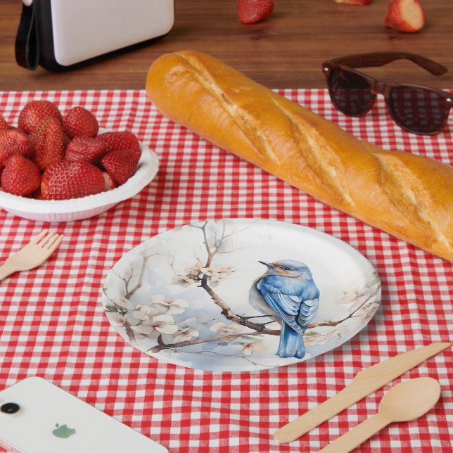 Prato De Papel Primavera Bluebird na árvore brilhante (Piquenique)