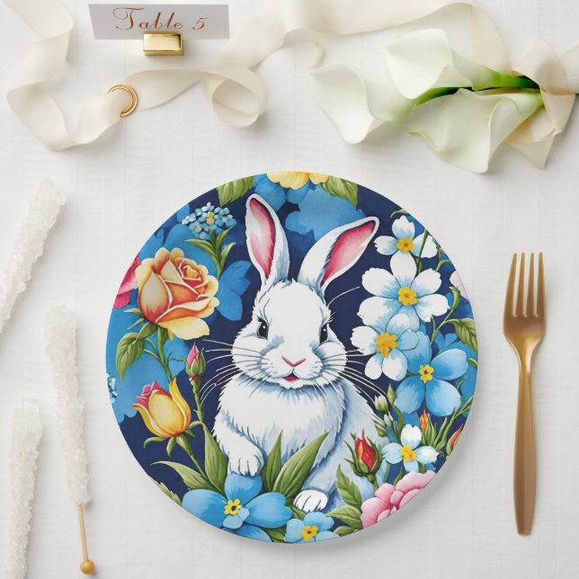 Prato De Papel Primavera Floral Marinho Coelho da Páscoa Azul (Casamento)