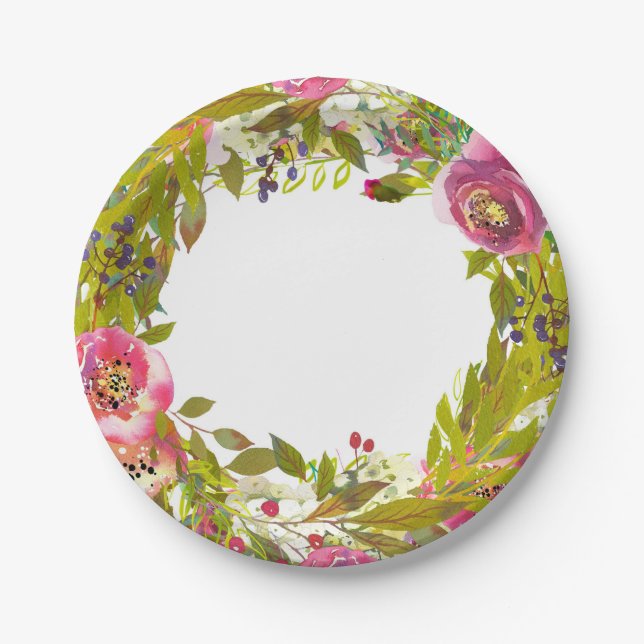 Prato De Papel Primavera Verde Rosa Floral Flores Casamento (Frente)