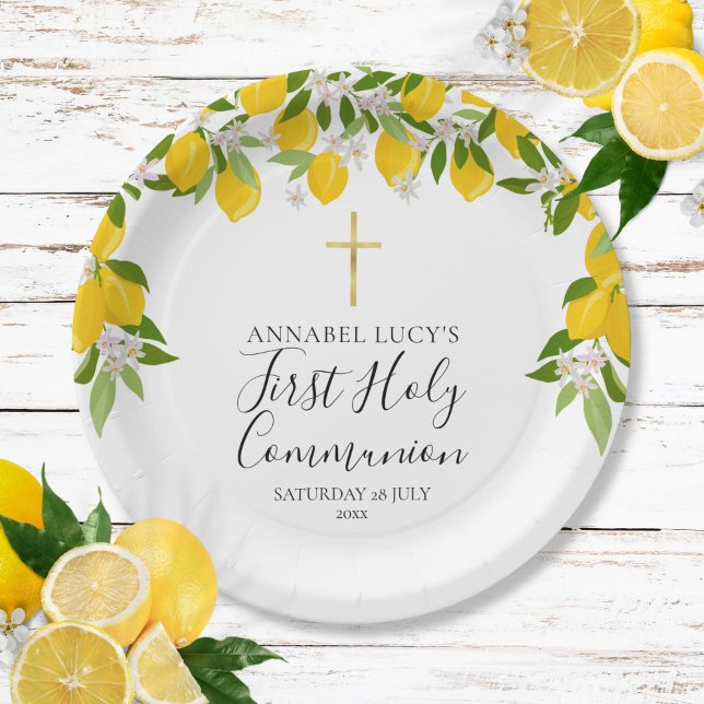 Prato De Papel Primeira Comunhão com Folhagem de Flor de Limão (Lemon Blossom Greenery First Holy Communion Paper Plates)