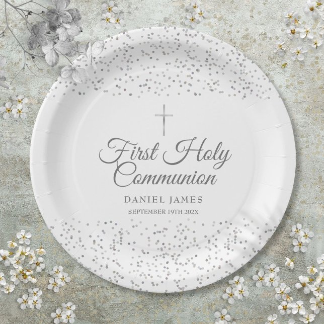 Prato De Papel Primeira Comunhão Moderna Prata Stardust (First Holy Communion Modern Silver Stardust Paper Plates)
