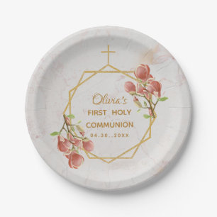 Prato De Papel Primeira Comunhão Rosa Magnolia Marble Dourado Flo