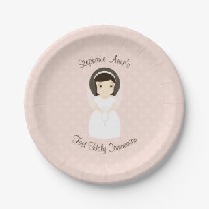 Prato De Papel Primeira menina do Brunette do comunhão santament