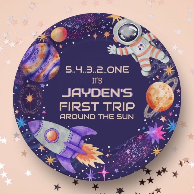 Prato De Papel Primeira viagem ao redor do espaço do astronauta d (First Trip Around the Sun Rocket Astronaut Space Paper Plates)