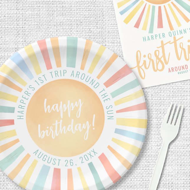 Prato De Papel Primeira Viagem Em Torno Da Festa Do primeiro aniv (First Trip Around The Sun 1st Birthday Party Paper Plates)