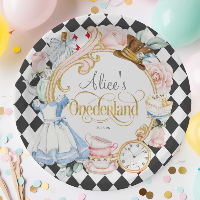 Prato De Papel Primeiro aniversario, Alice Onederland, festa de c (Alice Onederland, girl 1st birthday, Mad hatter tea party birthday paper plate.)
