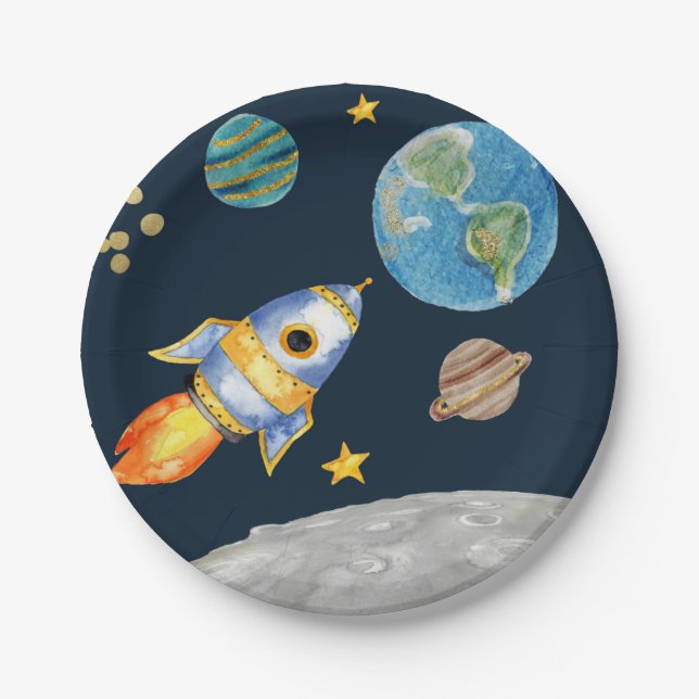 PRATO DE PAPEL PRIMEIRO ANIVERSÁRIO, ANIVERSÁRIO ESPAÇO, APAGAR M (Frente)