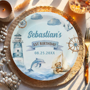 Prato De Papel Primeiro aniversario Azul Náutico de Barcos Ahoy S