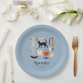 Prato De Papel Primeiro aniversario Azul Spooky One Halloween Mot
