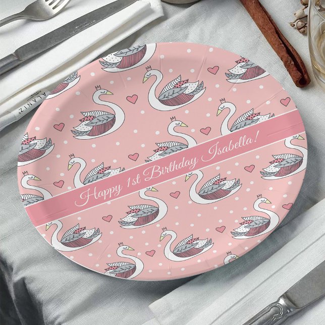 Prato De Papel primeiro aniversario bonito Princesa Rosa Swan Bab (1st birthday party idea: baby girl swan princess paper plates in blush pink)